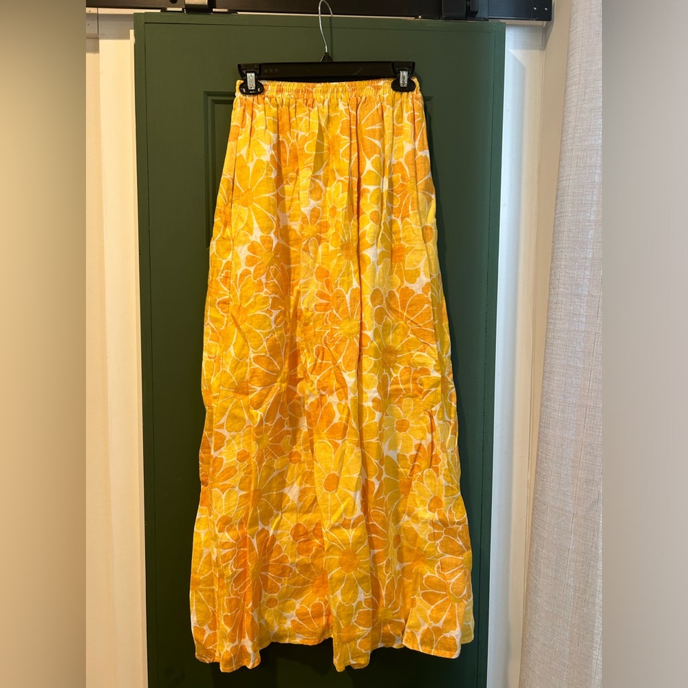 Floral yellow and orange linen maxi skirt